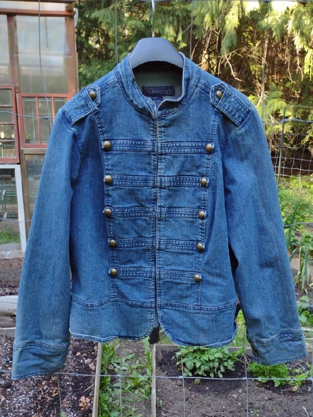 Baccini Blue Military-Style Denim Jacket with Brass Buttons